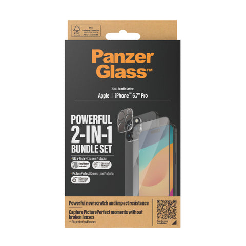 PanzerGlass iPhone 15 Pro Max Ultra Wide Glass Screen Protector (Case Friendly) 2-in-1 Protection Bundle with Camera Protection